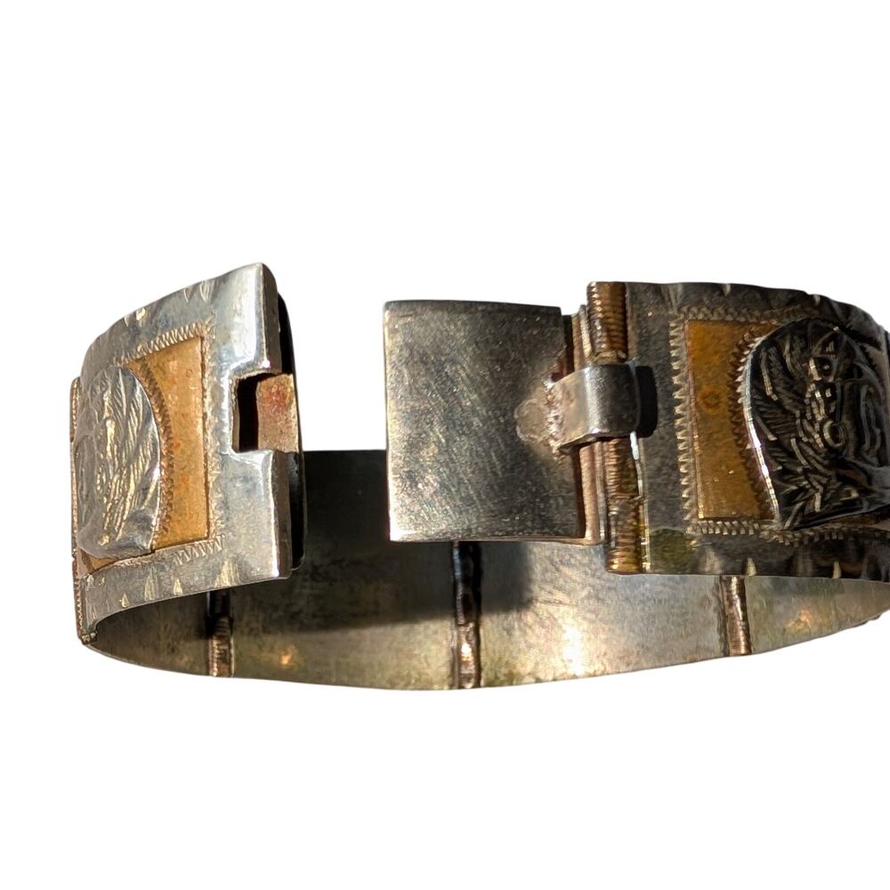 Taxco Sterling Silver Panel Bracelet Mixed Metal Embossed Mexican Artisan 7.5 in - Picture 6 of 14